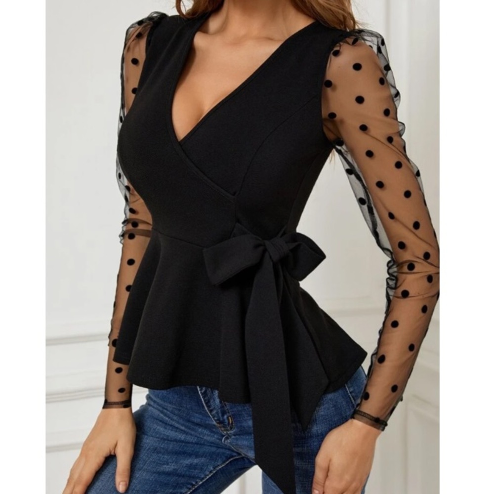 Boho black v neck tie side mesh sieved peplum blouse